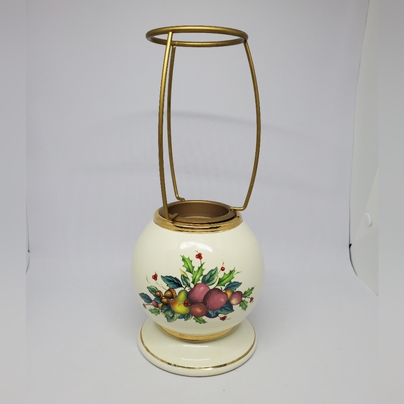 Lenox Holiday Tartan Candle Lamp & Shade, Fruit and Holly Leaves Gold Trim Vtg. - Picture 2 of 14